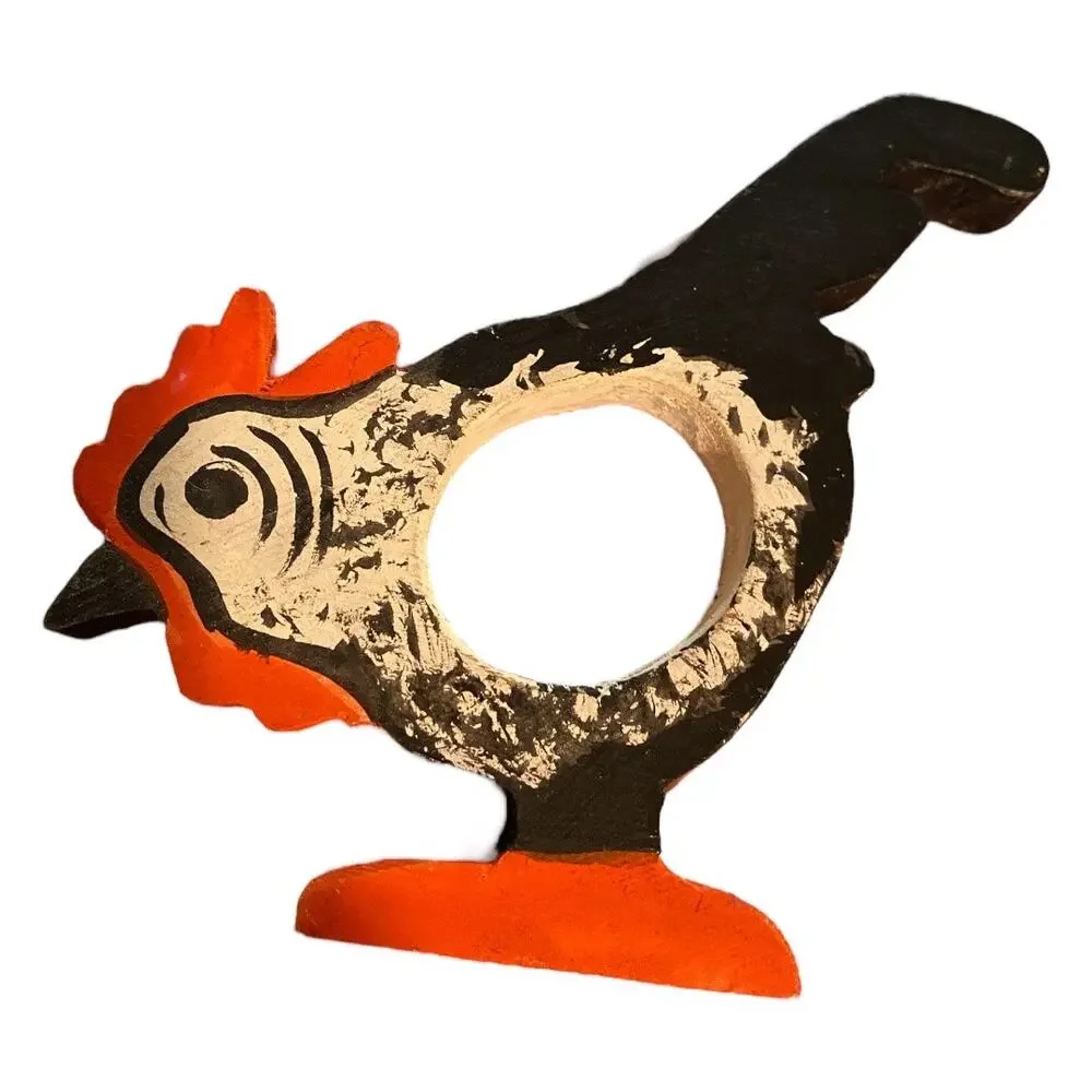 Set of 4 Vintage Wooden Hand Painted Roosters Napkin Rings Country Living Decor